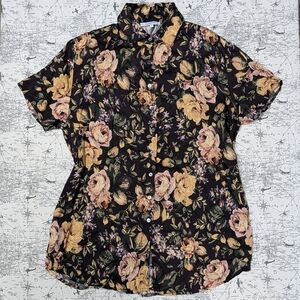 Olivaceous Black Tunic Blouse With Apricot & Pink Hued Floral Print Size Medium